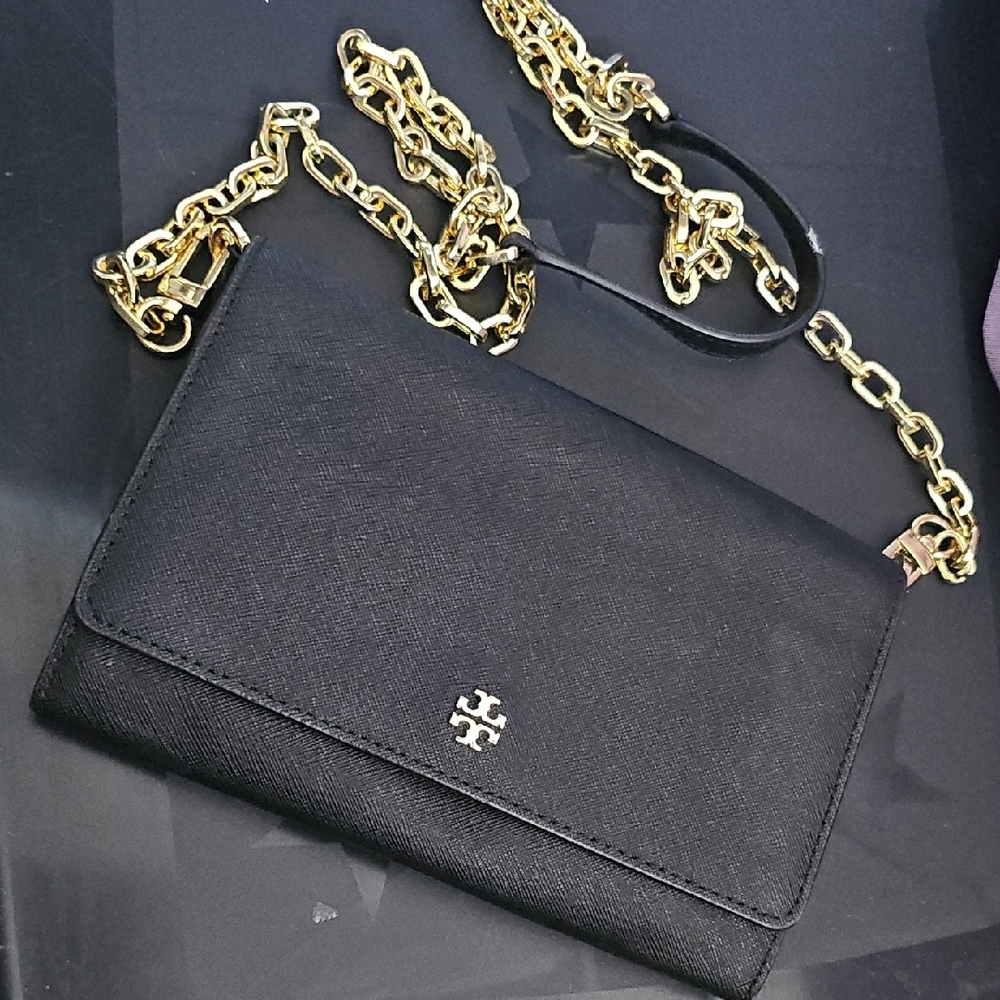 Tory Burch Emerson Black Leather Purse With Gold Chain